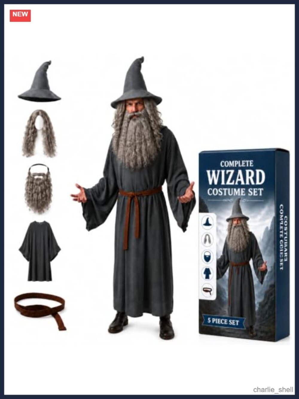 Men's Wizard Costume Set Hat Wig Beard Robe Belt Adult Halloween